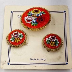 Vintage Italian Mosaic Brooch Earring Set Original Card